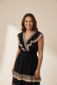 Women's Black Leopard Contrast Ruffle Midi Dress with Smocked Waist