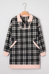 Black Plaid Polo Collar Zip up Contrast Trim Shift Long Sleeve Mini Dress
