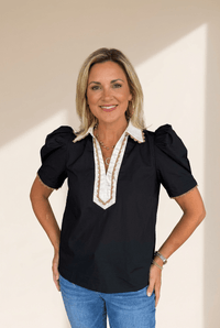 Women's Black Puff Sleeve Ricrac Trim Cotton Blouse