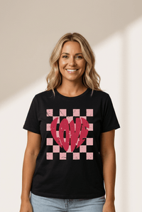 Women's Black Relaxed Fit Checkered LOVE Graphic Tee