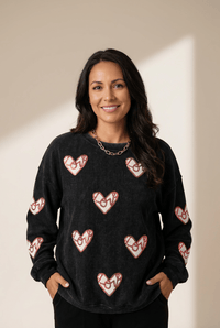 Women's Black Ribbed Heart Sequin Graphic Sweatshirt for Women