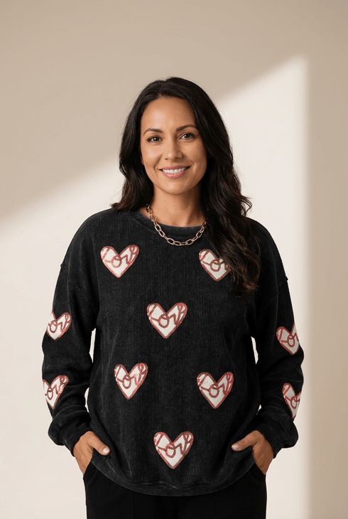Women's Black Ribbed Heart Sequin Graphic Sweatshirt for Women