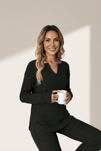 
Women's Black Ribbed Knit Lounge Set: Notched Neck Top and Leggings with practical styling and dependable silhouette control.