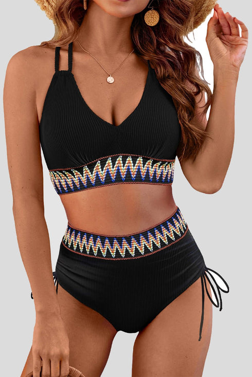 women's black ribbed knit tribal print high waist two-piece swimsuit - easy and wearable summer swimwear with practical styling and dependable
