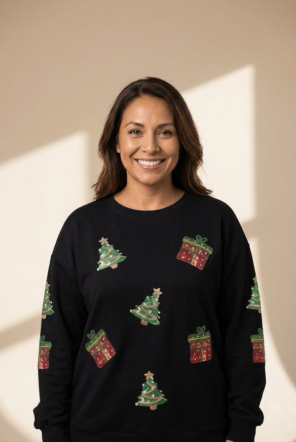 Women's Black Sequin Christmas Tree Sweatshirt with Drop Shoulders