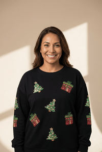 Women's Black Sequin Christmas Tree Sweatshirt with Drop Shoulders