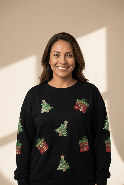 Women's Black Sequin Christmas Tree Sweatshirt with Drop Shoulders