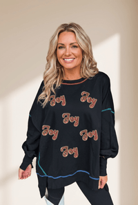 Women's Black Sequin Joy Graphic Sweatshirt with Contrast Seaming
