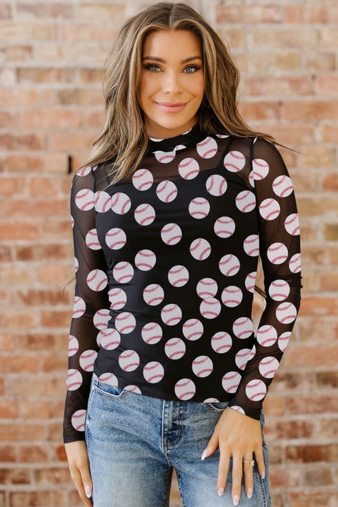 Women's Black Sheer Mesh Long Sleeve Top - Stylish Game Day Shirt for Baseball Fans & Casual Outings