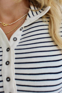 Black Stripe Ribbed Knit Half Button Long Sleeve Slim Top