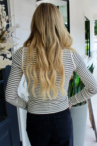 Black Stripe Ribbed Knit Half Button Long Sleeve Slim Top