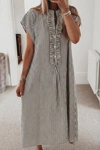 Women's Black Striped Frill Detail Short Sleeve Dress with Half Buttons - Trendy Summer Casual Wear for Effortless Style