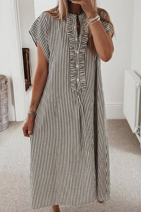 Women's Black Striped Frill Detail Short Sleeve Dress with Half Buttons - Trendy Summer Casual Wear for Effortless Style