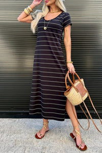 Women's Striped Cotton Maxi T-Shirt Dress with Side Slits