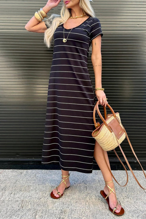 Women's Striped Cotton Maxi T-Shirt Dress with Side Slits