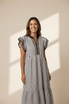 Women's Black Striped Tiered Midi Dress with Ruffle Sleeves