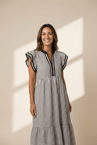Women's Black Striped Tiered Midi Dress with Ruffle Sleeves
