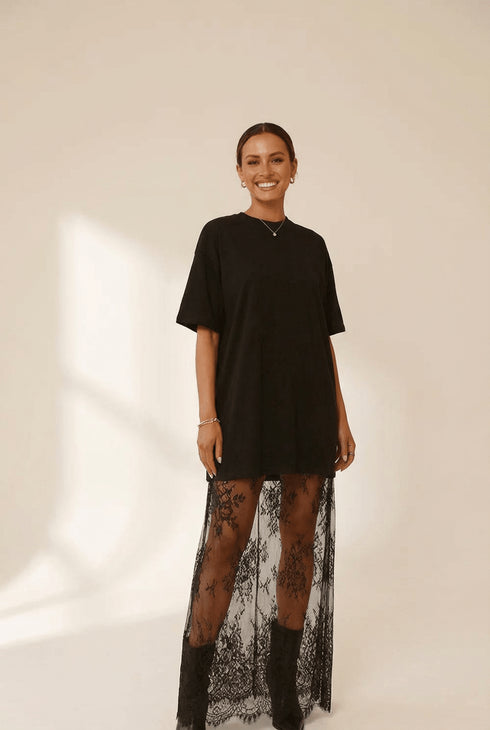 Women's Black T-Shirt Maxi Dress with Floral Lace Inset