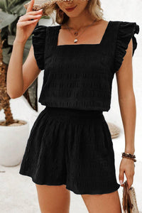 Women's Black Textured Square Neck Top with Shirred High Waist Shorts Set - Stylish Summer Outfit for Casual Wear