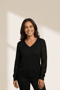 Women's Black V-Neck Pointelle Knit Sweater with Contrast Sleeves