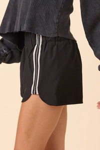 Black Elastic Waist Varsity Striped Detail Athleisure Shorts