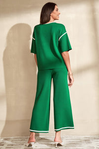 Blackish Green Contrast Trim Half Sleeve Top Drawstring Pants Loose 2pcs Sweater Suit