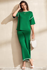 Blackish Green Contrast Trim Half Sleeve Top Drawstring Pants Loose 2pcs Sweater Suit