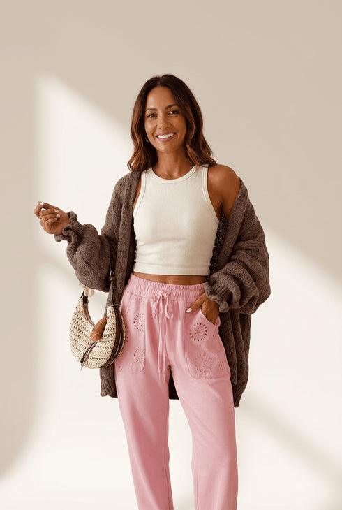 Women's Blossom Pink Embroidered High-Waisted Drawstring Pants