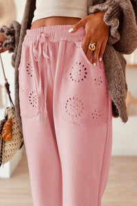 Blossom Embroidered Patched Pockets Drawstring Pants