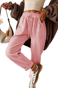 Blossom Embroidered Patched Pockets Drawstring Pants