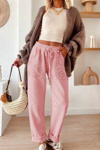 Blossom Embroidered Patched Pockets Drawstring Pants