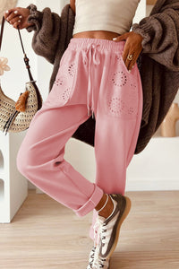 Blossom Embroidered Patched Pockets Drawstring Pants