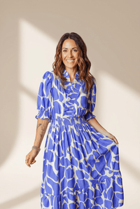 Women's Blue Abstract Smocked Maxi Dress with Puff Sleeves