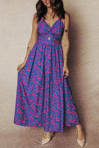 Women's Floral Twisted V-Neck Backless Maxi Dress in Cobalt Blue