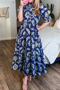 Women's Blue Damask Floral Maxi Dress with Tiered Skirt