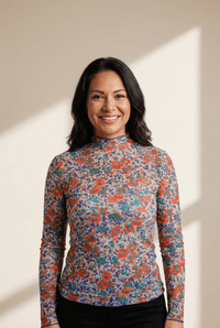 Women's Blue Floral Mesh Mock Neck Long Sleeve Top