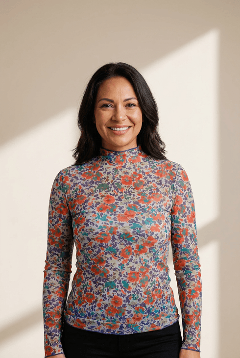 Women's Blue Floral Mesh Mock Neck Long Sleeve Top