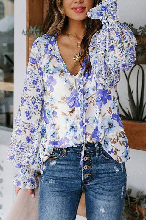 Women's Blue Floral Smocked Blouse - Trendy Summer Top with Comfortable Fit and Stylish Design for Effortless Elegance