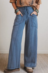 Women's Blue Mineral Wash High Waist Wide Leg Retro Pants with Drawstring - Stylish Western-Inspired Trousers