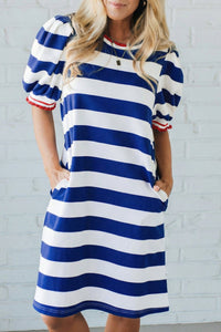 women's blue stripe shift dress with contrast trim, round neck, short puff sleeves – easy and wearable fit with practical styling and dependable