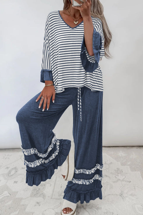 $16.04 Blue Stripe V Neck Ruffle Contrast Sleeve Top Drawstring Pants 2pcs Set Wholesale