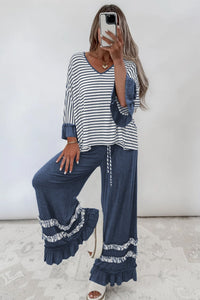 $16.04 Blue Stripe V Neck Ruffle Contrast Sleeve Top Drawstring Pants 2pcs Set Wholesale