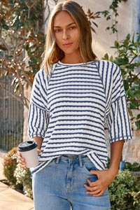 Blue Stripe Textured Knit Split Hem Half Sleeve Loose Top