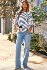 Blue Stripe Textured Knit Split Hem Half Sleeve Loose Top