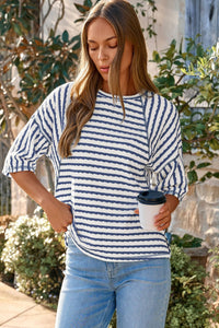 Blue Stripe Textured Knit Split Hem Half Sleeve Loose Top