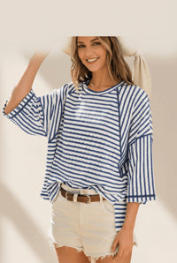 Women's Blue Striped Half-Sleeve Relaxed Knit Top with Side Splits