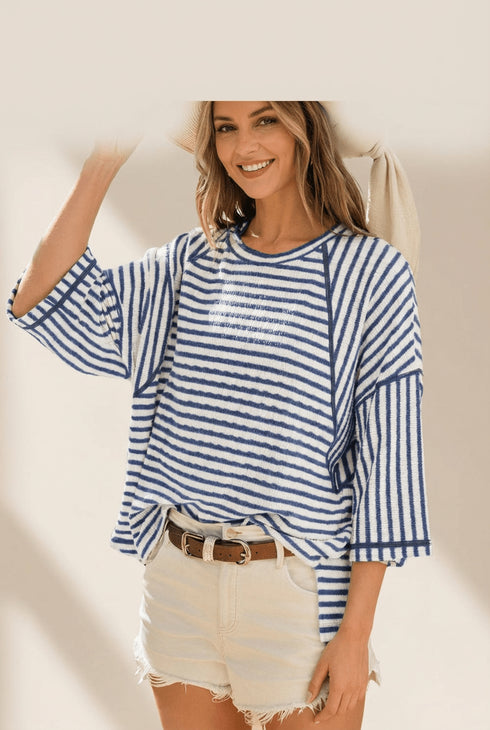 Women's Blue Striped Half-Sleeve Relaxed Knit Top with Side Splits