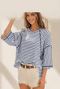 Women's Blue Striped Half-Sleeve Relaxed Knit Top with Side Splits