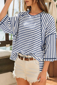 Blue Stripe Textured Knit Split Hem Half Sleeve Loose Top