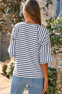 Blue Stripe Textured Knit Split Hem Half Sleeve Loose Top